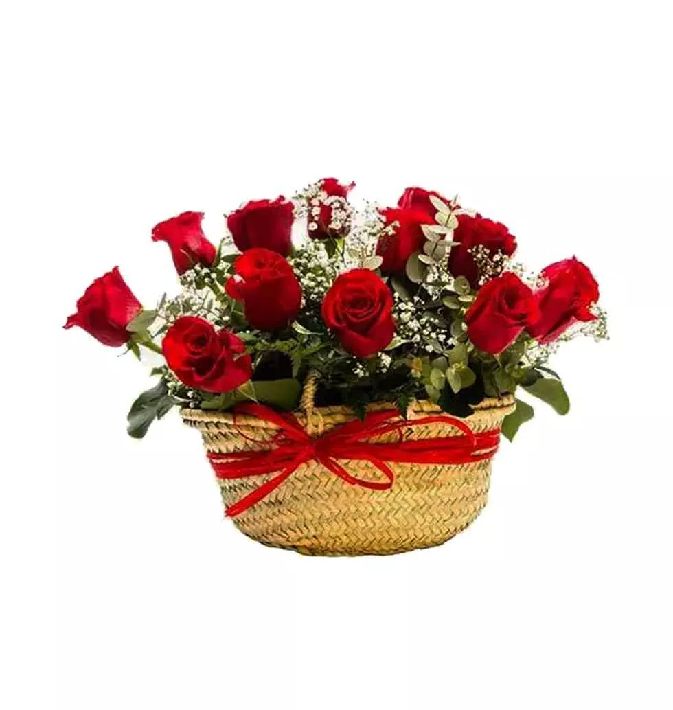Charming Valentines Day Gift of Red Roses Basket