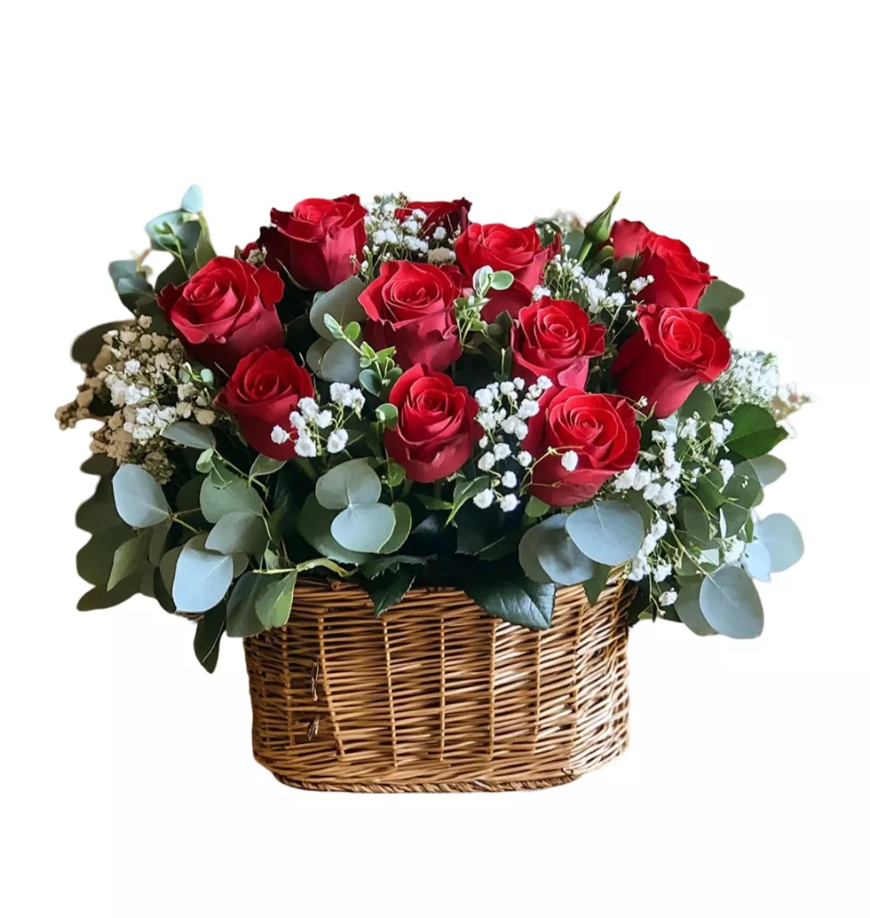 Charming Valentines Day Gift of Red Roses Basket