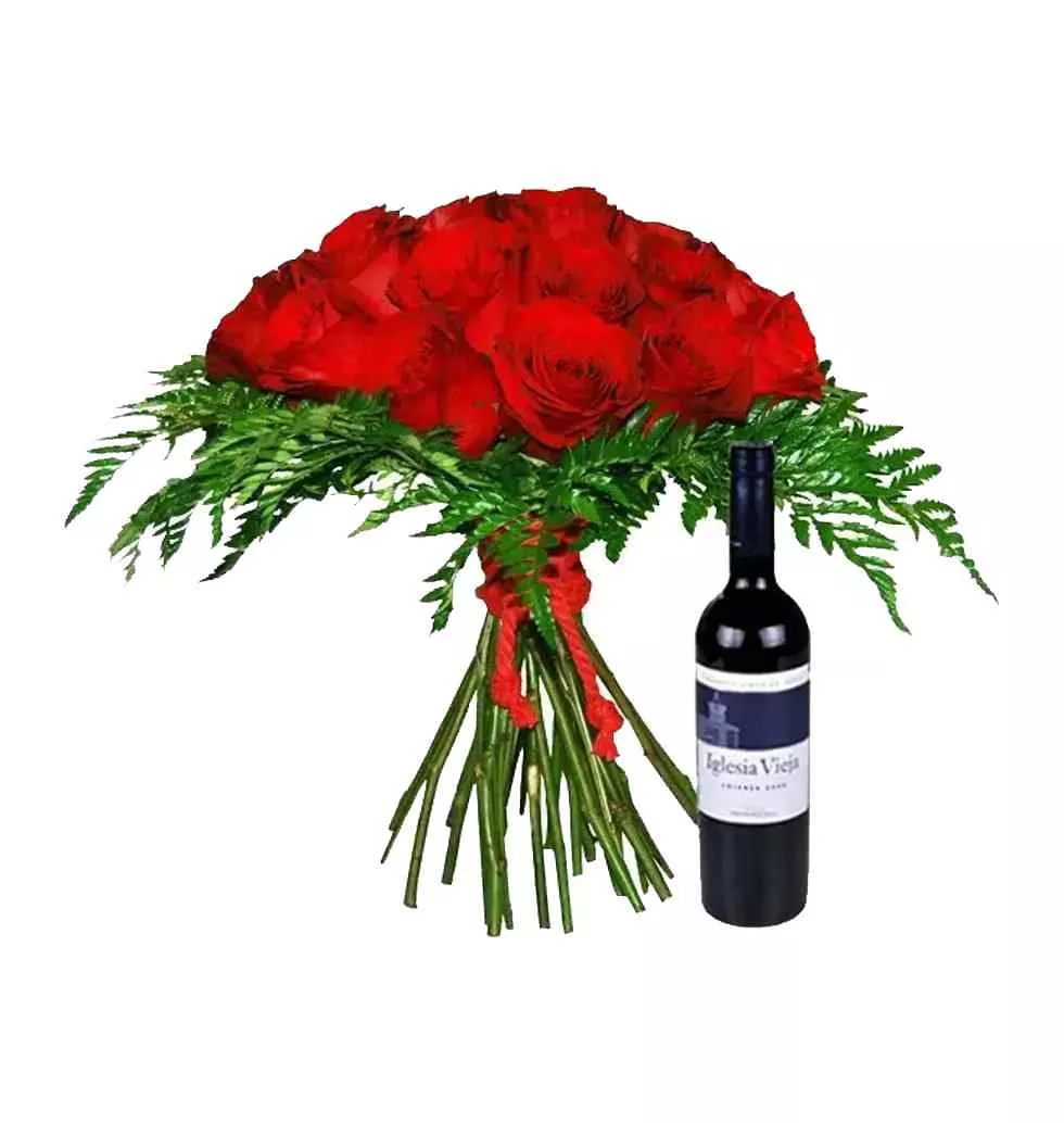 Elegant Rose Bouquet And Wine Gift