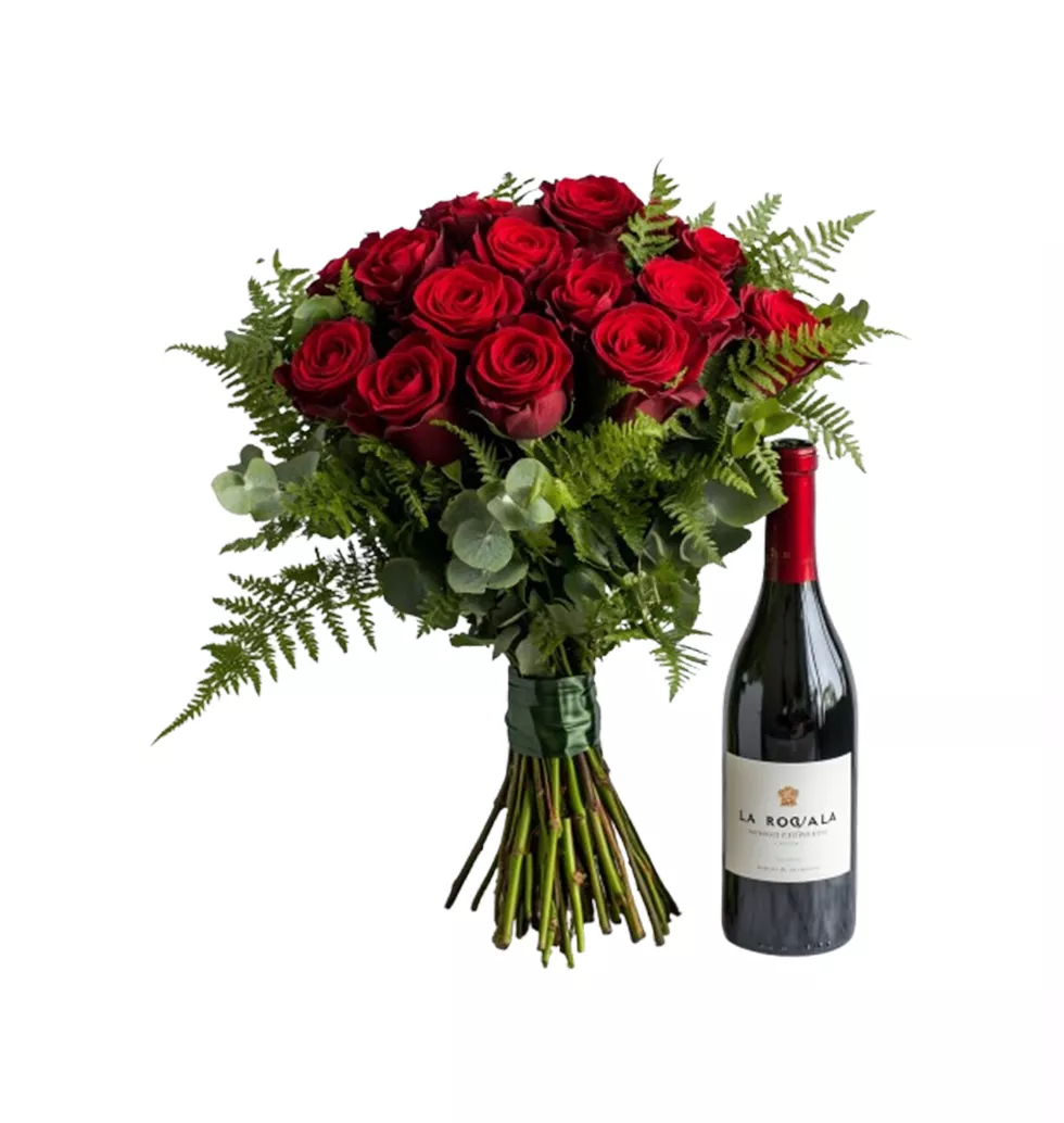 Elegant Rose Bouquet And Wine Gift