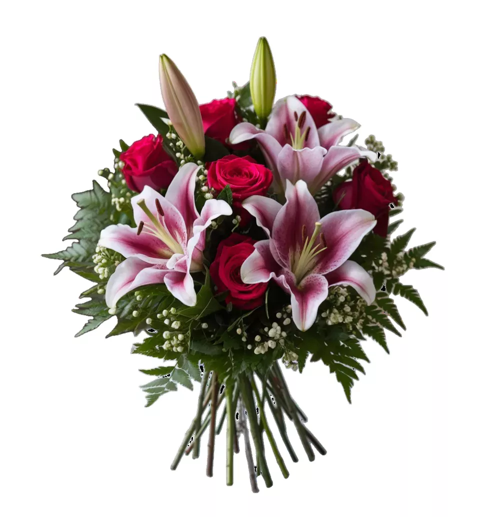 Bouquet of Pink Oriental Lilies and Red Roses