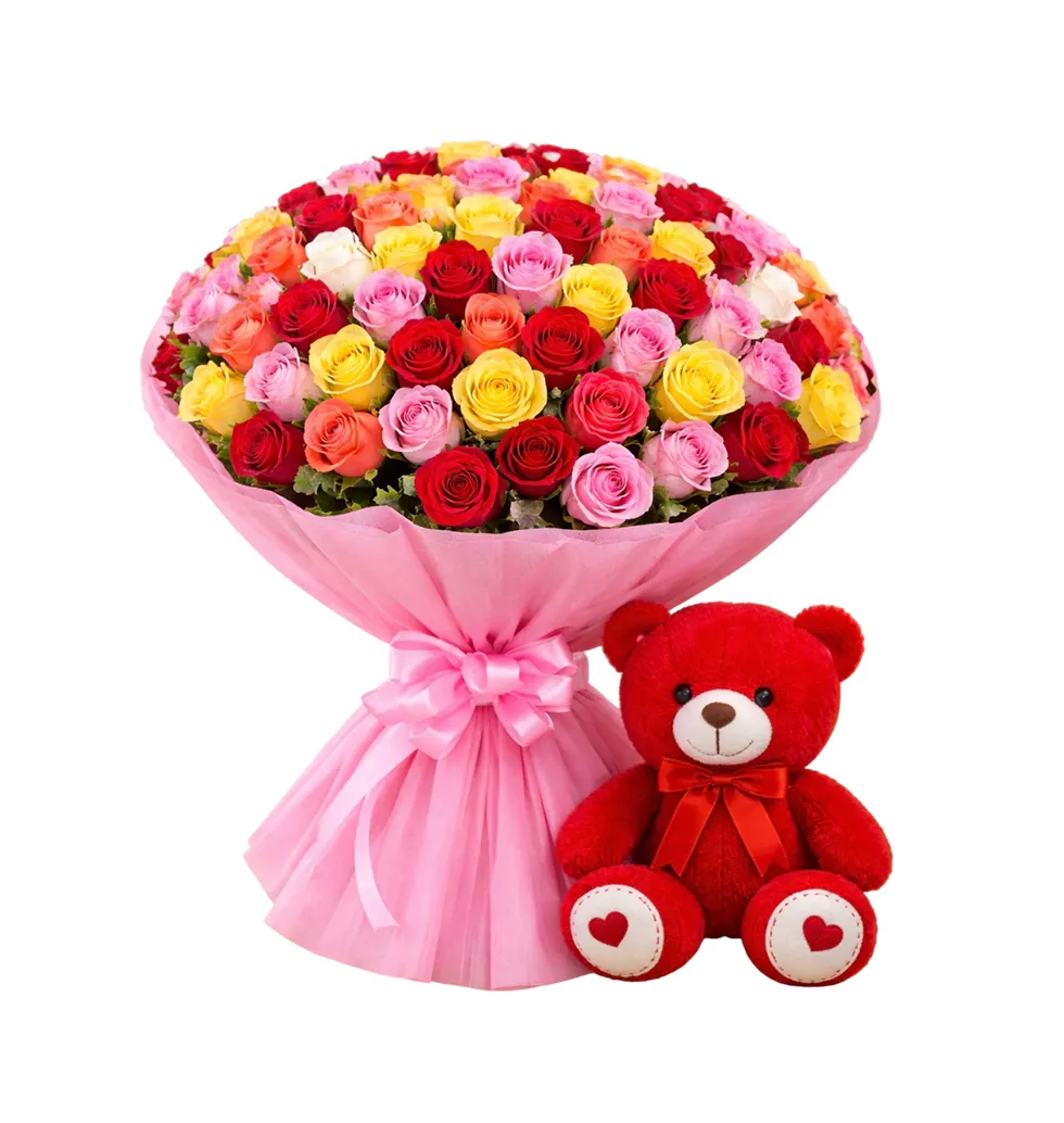 Vibrant Roses with a Cuddly Bear